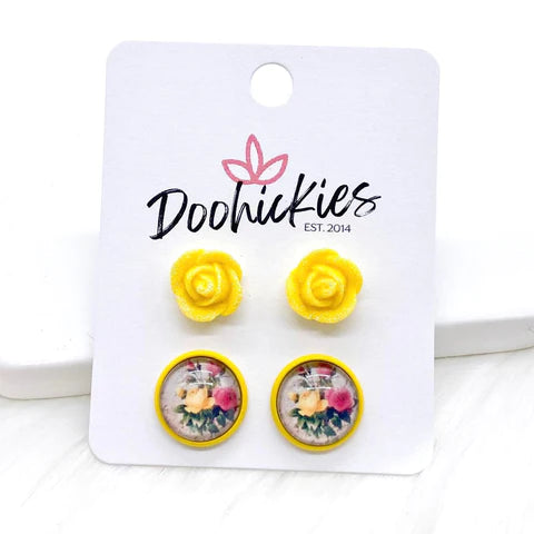 Tiny Yellow Roses & Yellow/Pink Rose Stud Duos
