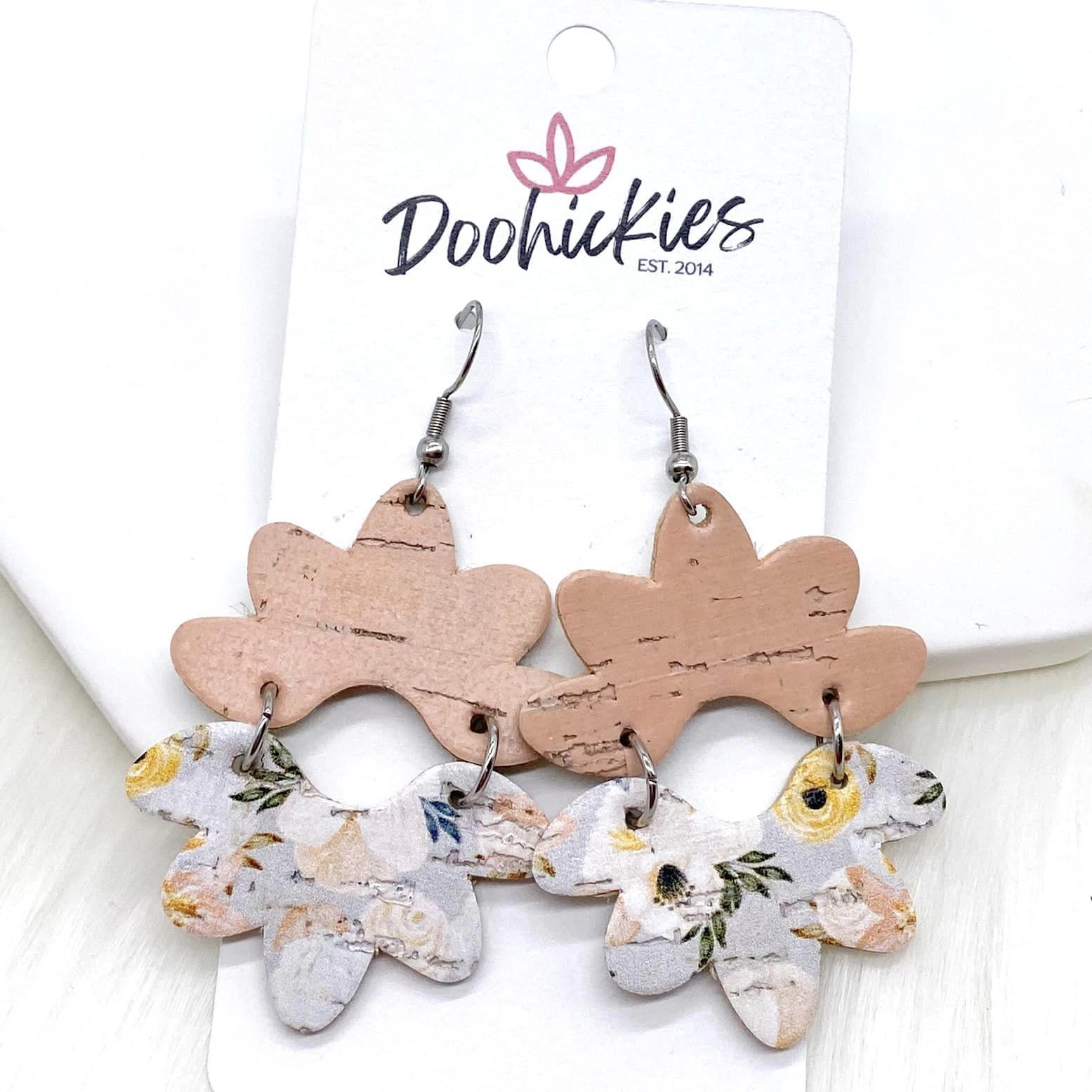 Pastel Peach & Painted Floral Cork Blossom Earrings