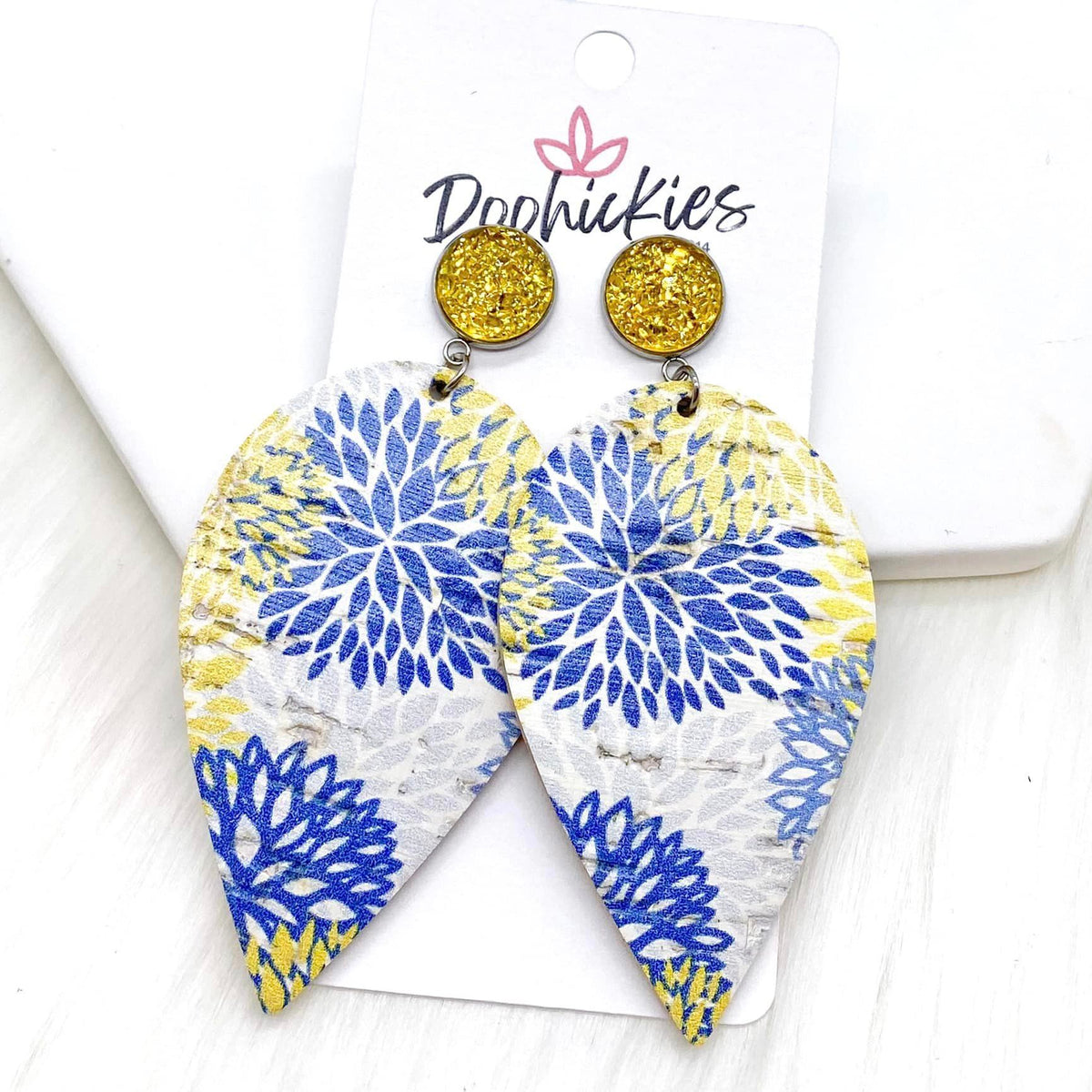 2.5" Yellow Sparkles & Chrysanthemum Spade Cork Dangle Earrings