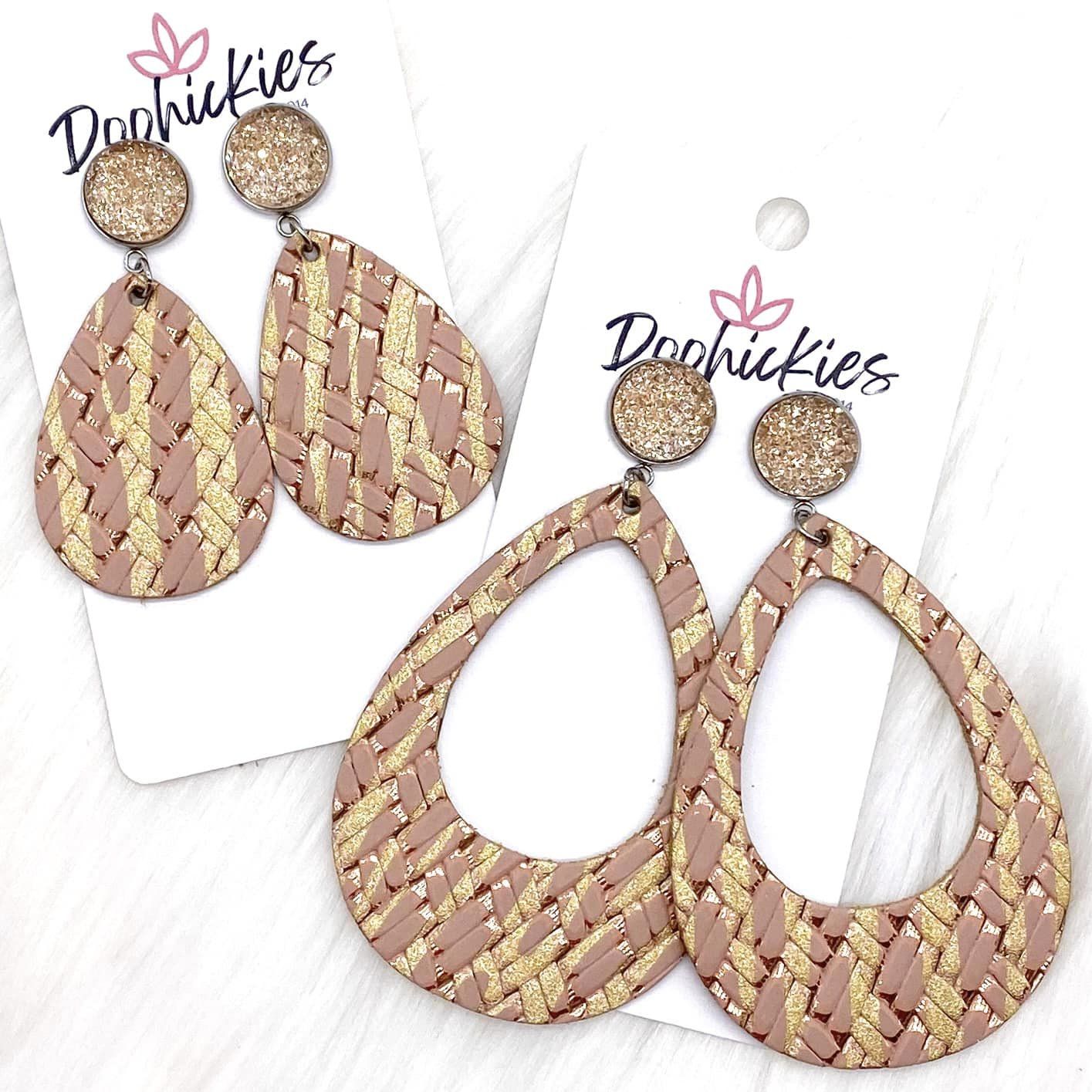 2.5" Champagne & Blush Basketweave Zebra Leather Hoop Dangle Earrings