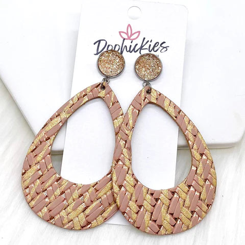 2.5" Champagne & Blush Basketweave Zebra Leather Hoop Dangle Earrings