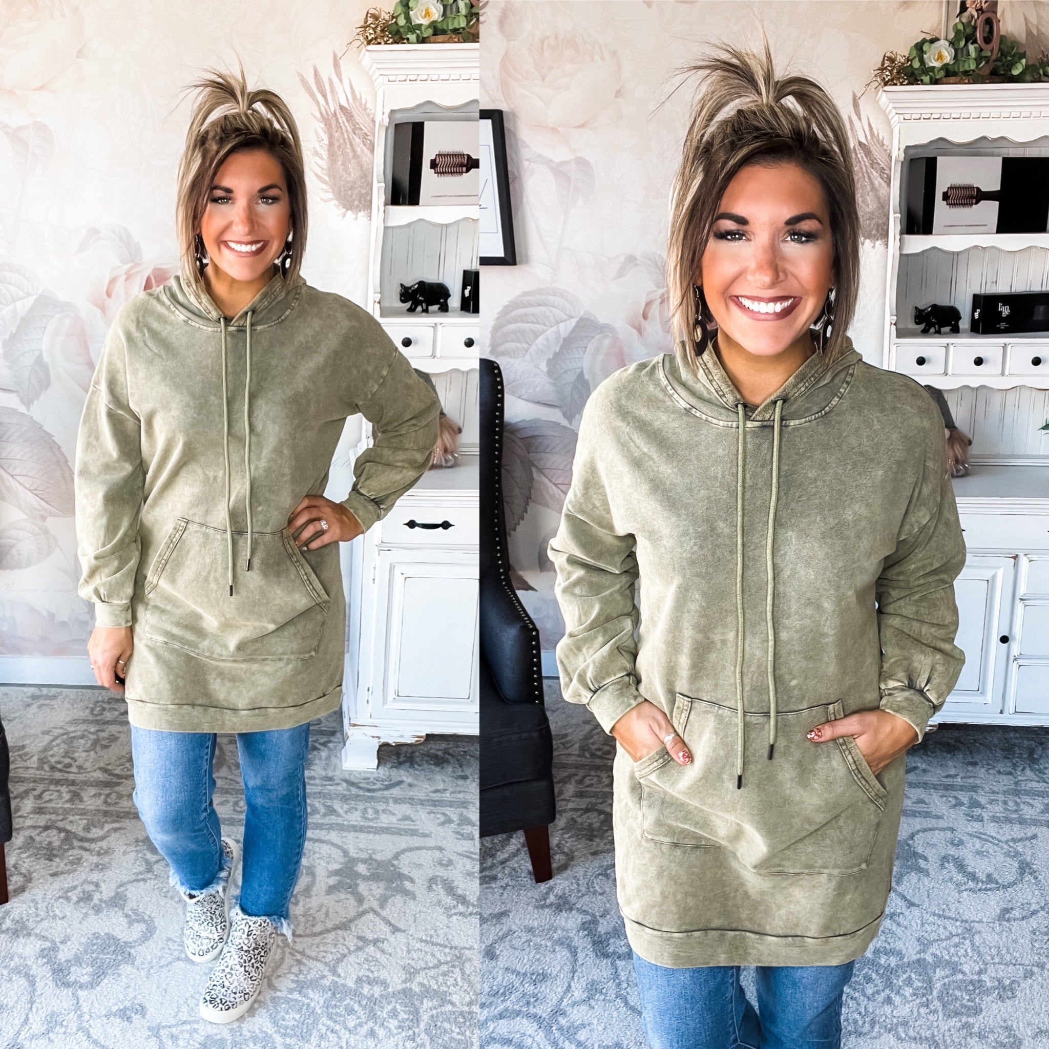 Fight For It Acid Wash Hooded Tunic Dress