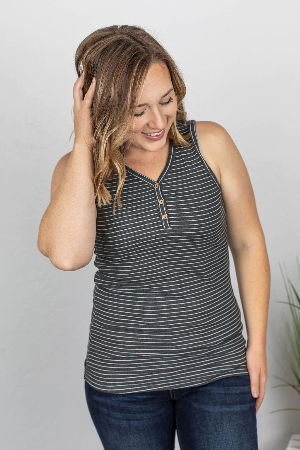 Spring Stroll Henley Tank - Charcoal Stripes