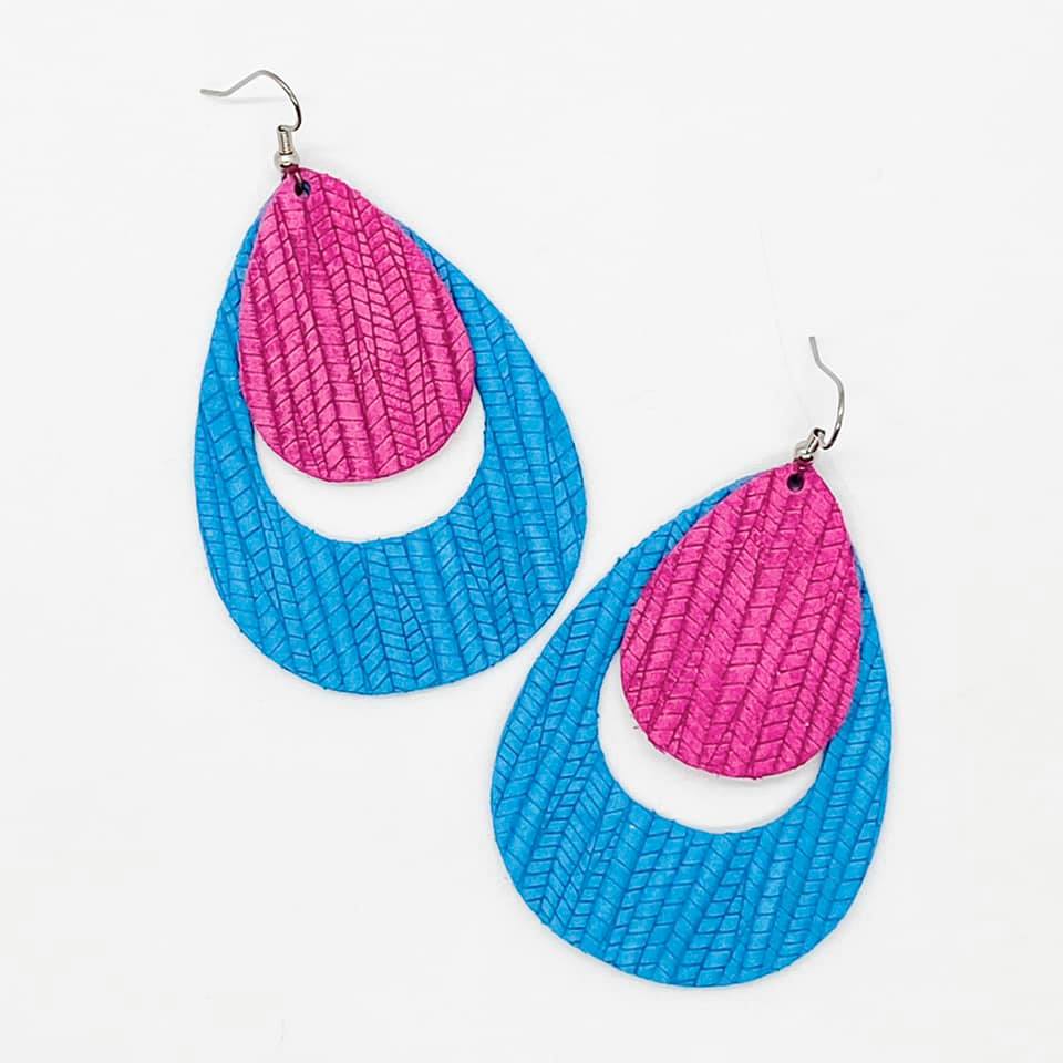 Spring Layered Hoop Earrings - Fuchsia on Teal Blue Bamboo