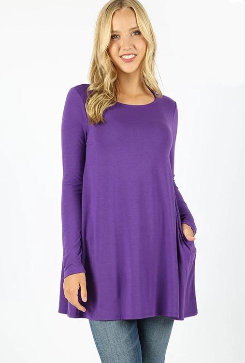 Long Sleeve Swing Tee with Pockets - Purple