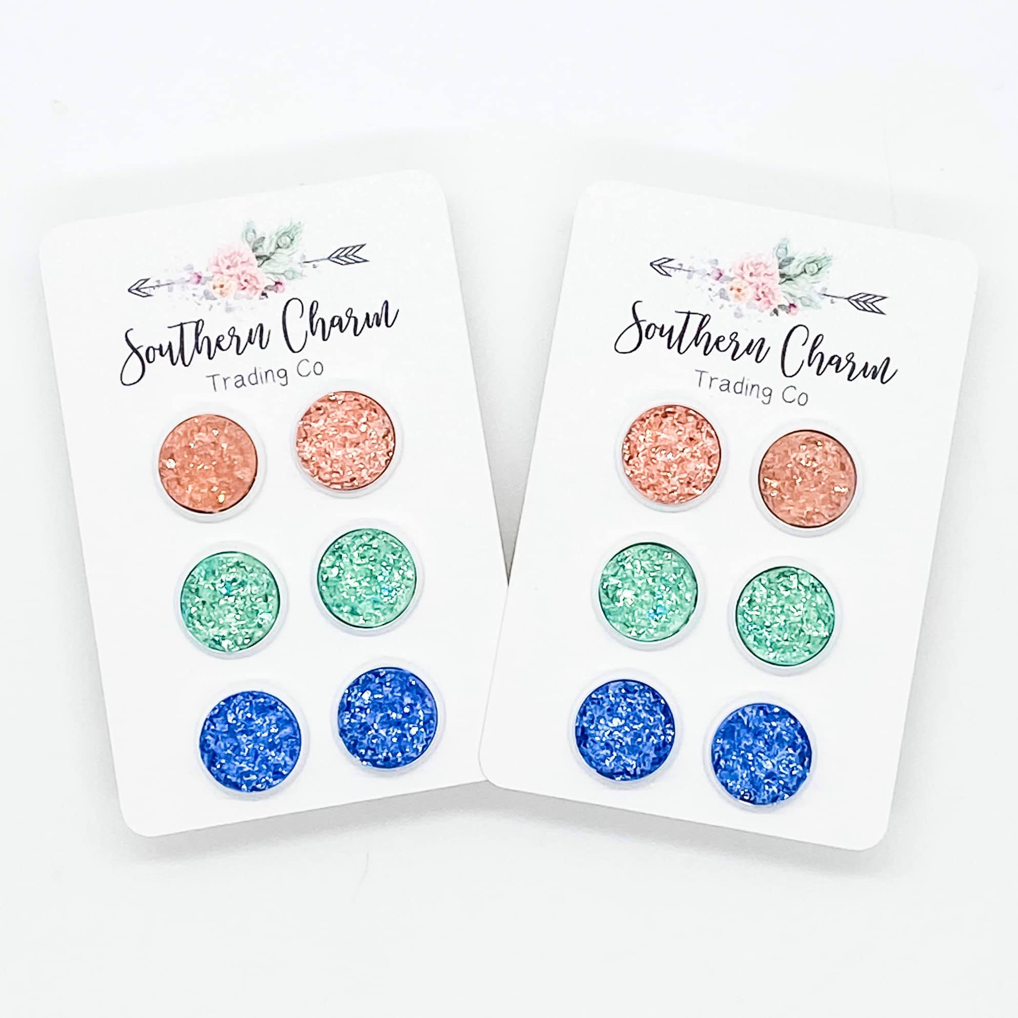 Flamingo/Mint/Orchid in White Setting Triplet Earrings