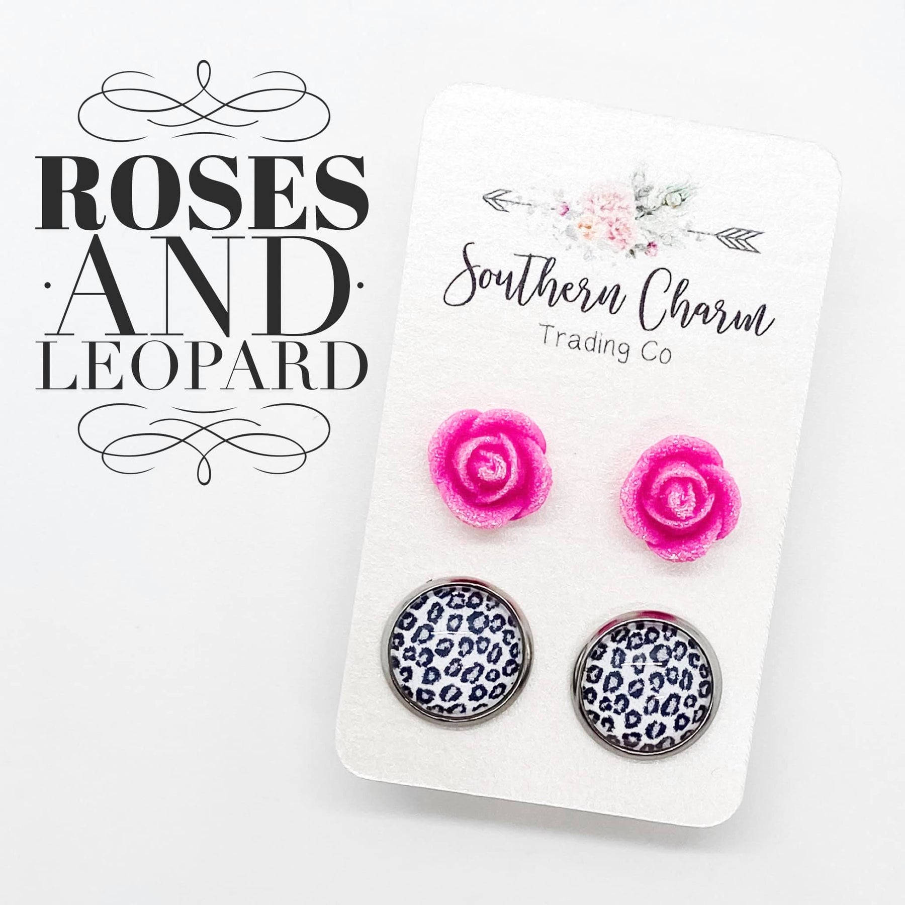 Roses and Leopard Duo Stud Earrings