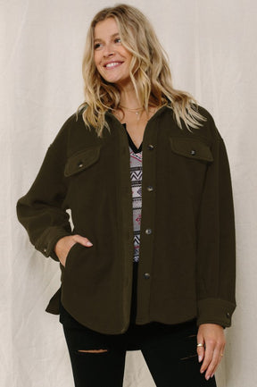 Morning Snuggles Button Down Shacket - Dark Olive