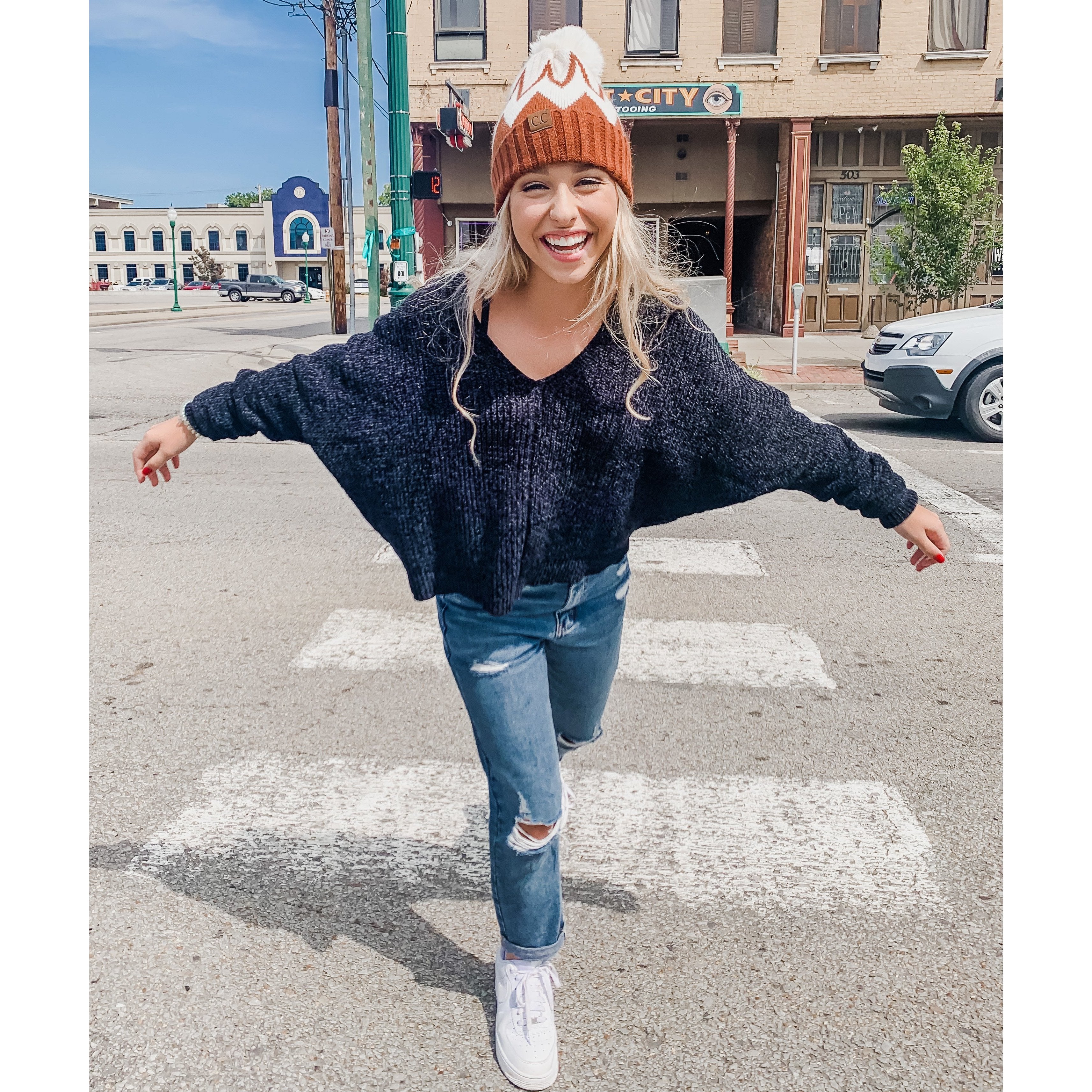 CC Chevron Beanie With Fur Pom - Rust
