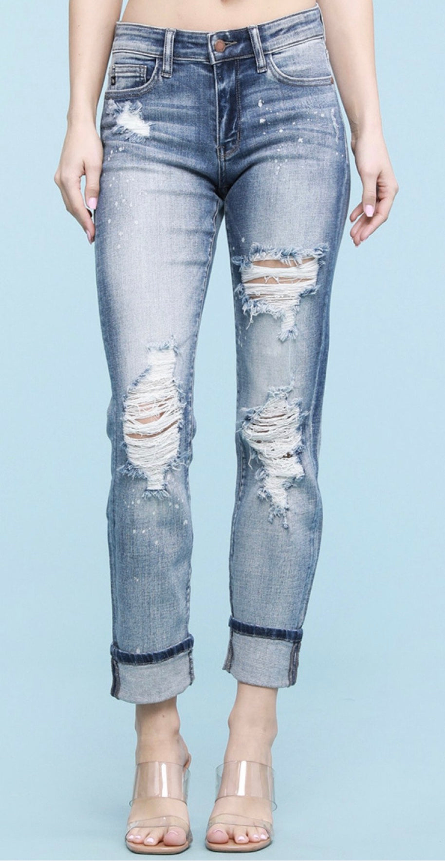 Judy Blue Destroyed Bleach Splatter Boyfriend Jeans