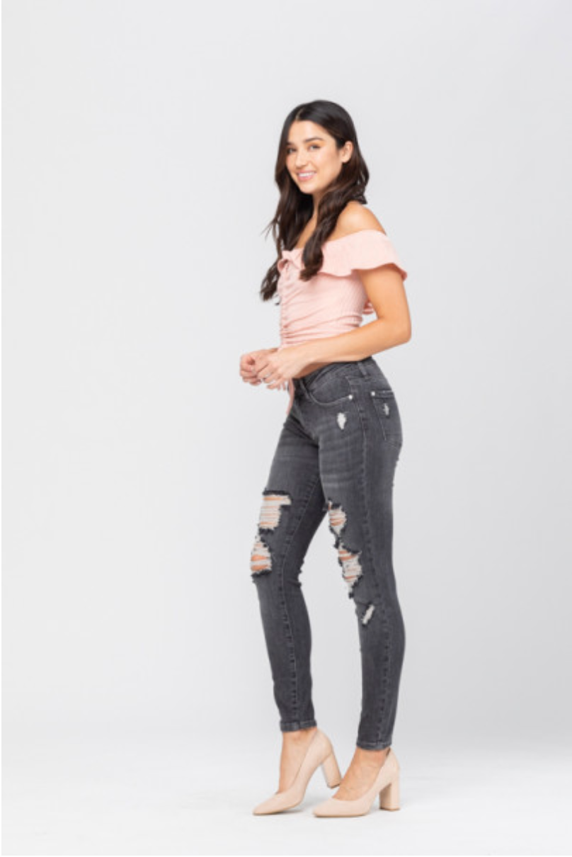 Judy Blue Stone Wash Black Mid-Rise Destroyed Skinnies