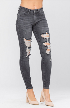 Judy Blue Stone Wash Black Mid-Rise Destroyed Skinnies
