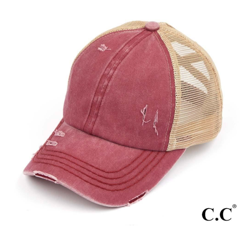 CC Brand - Washed Denim Criss Cross High Ponytail Ball Cap - Berry