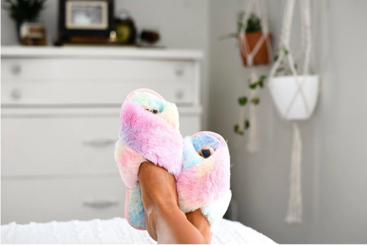 Don't Miss A Beat Slippers - Rainbow Tie Dye