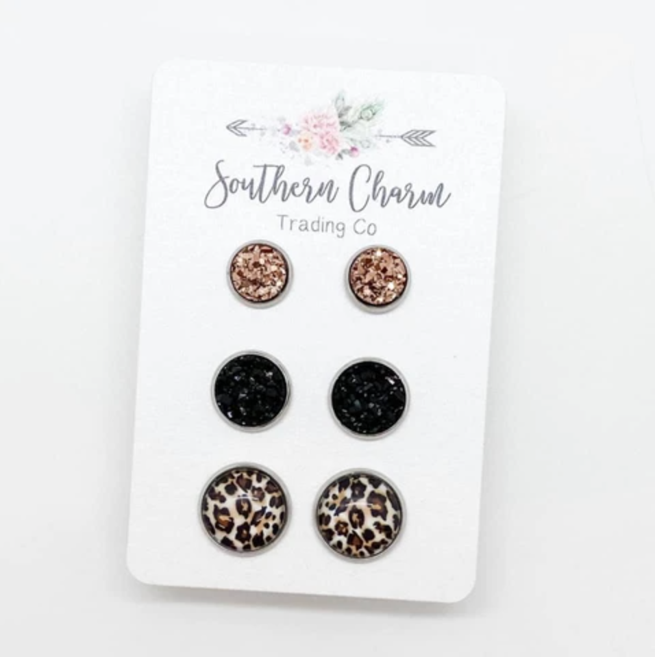 Rose Gold/Black & New Leopard in Stainless Steel Settings Triplet Earrings