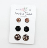 Rose Gold/Black & New Leopard in Stainless Steel Settings Triplet Earrings