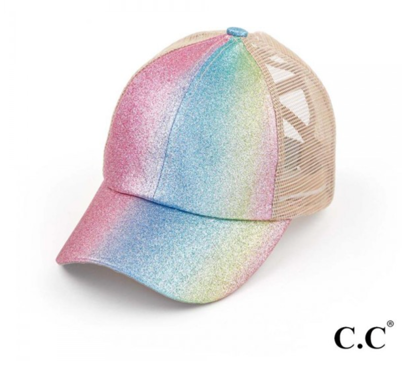 CC Brand - Glitter Ombre Criss-Cross High Ponytail Ball Cap - Pink