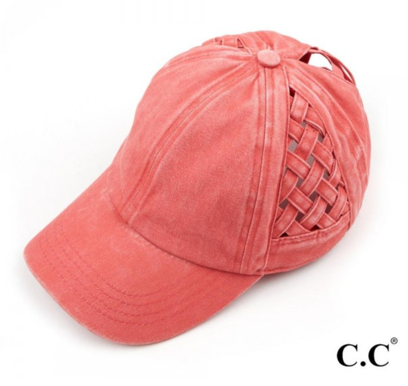 CC Brand - Basket Woven Criss-Cross High Ponytail Cap - Coral