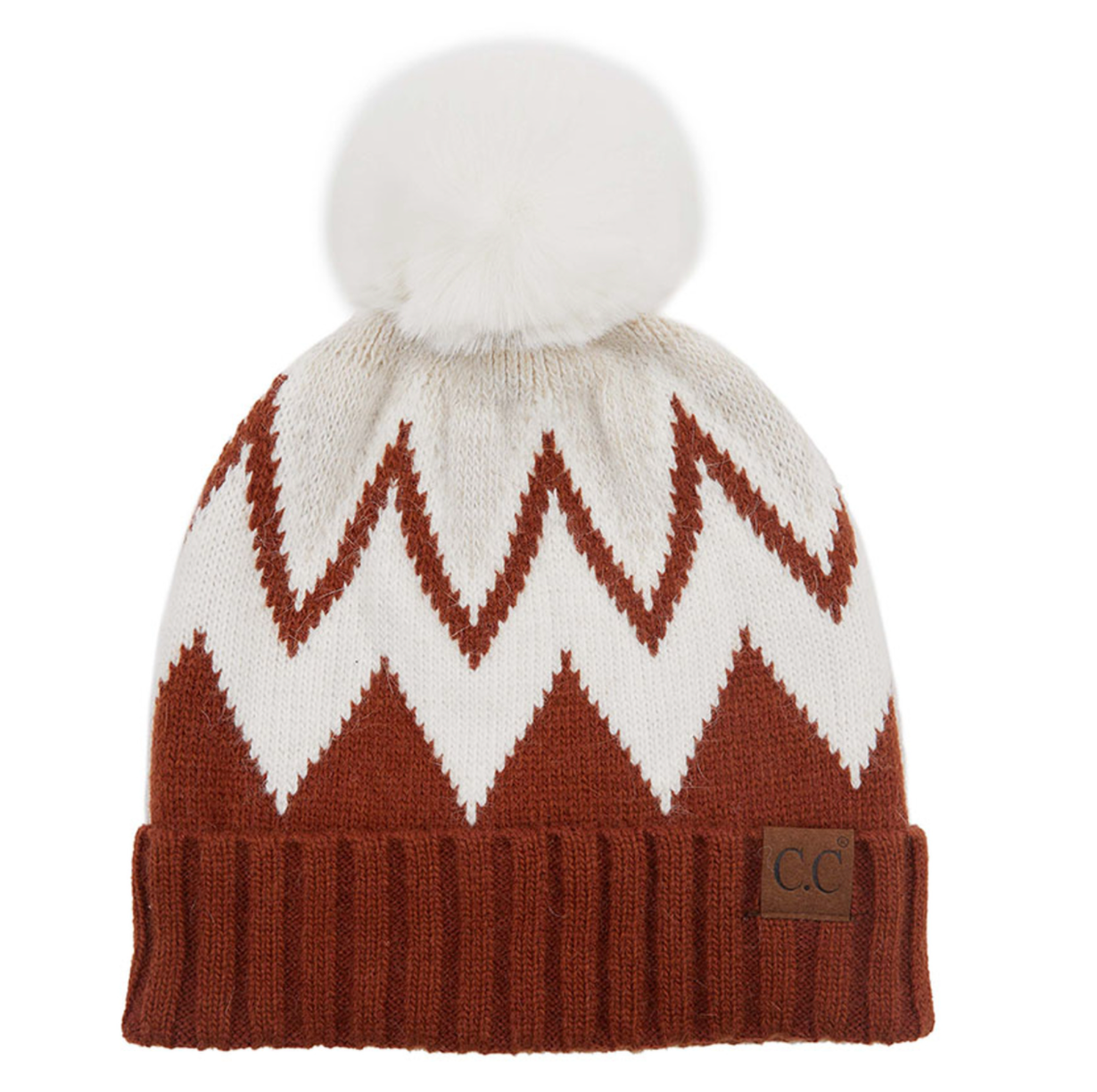 CC Chevron Beanie With Fur Pom - Rust