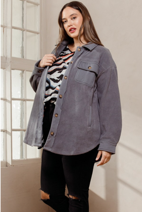 Morning Snuggles Button Down Shacket - Charcoal
