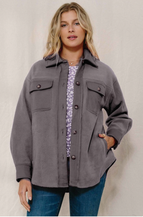 Morning Snuggles Button Down Shacket - Charcoal