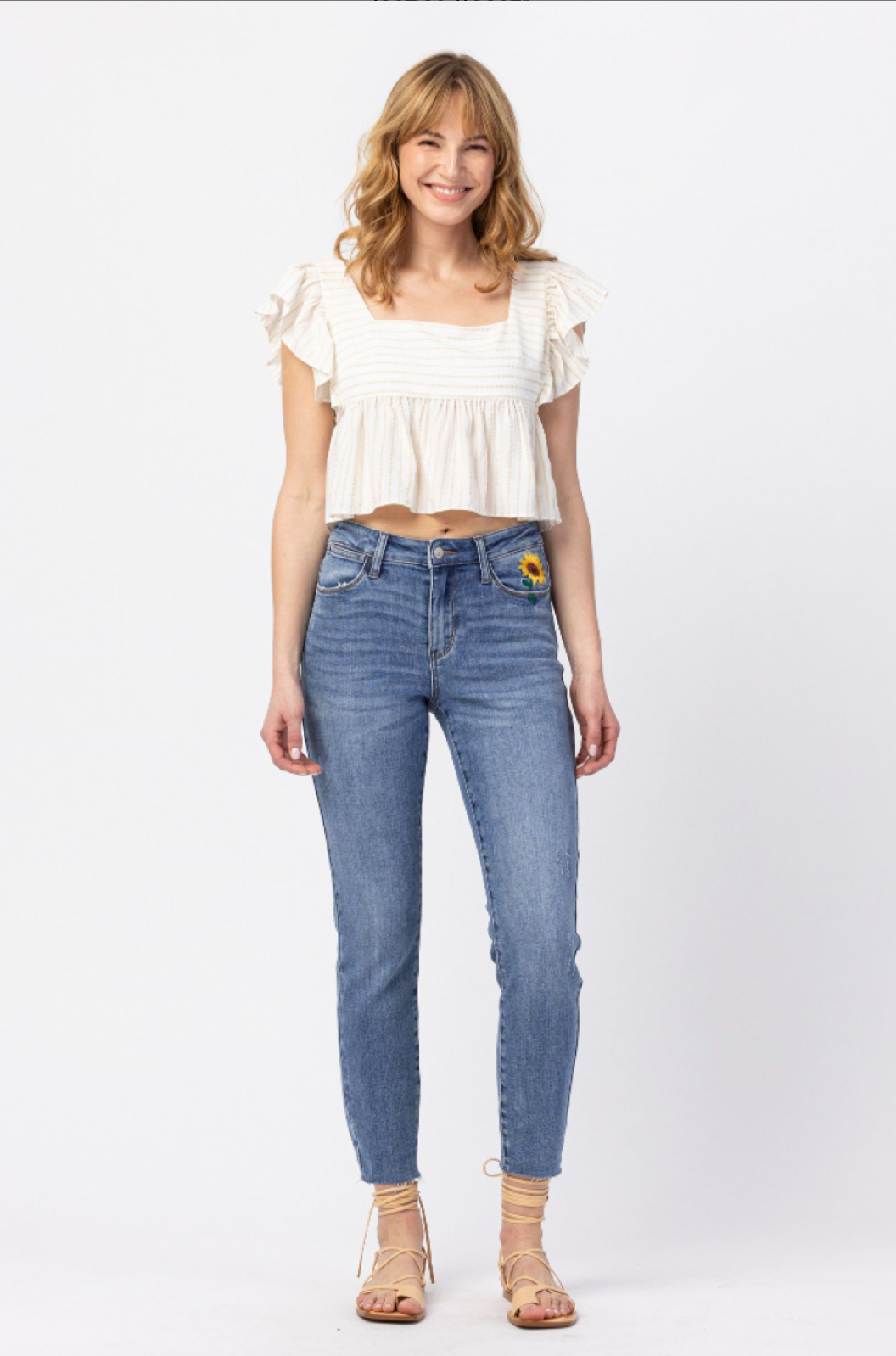 Judy Blue Sunflower Embroidered Girlfriend Jeans