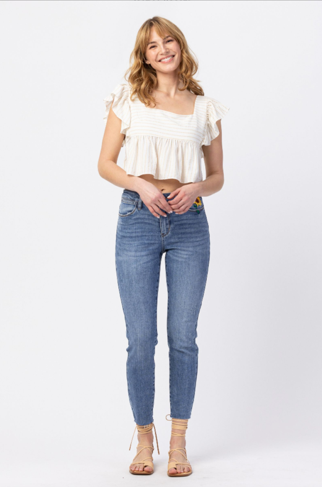 Judy Blue Sunflower Embroidered Girlfriend Jeans