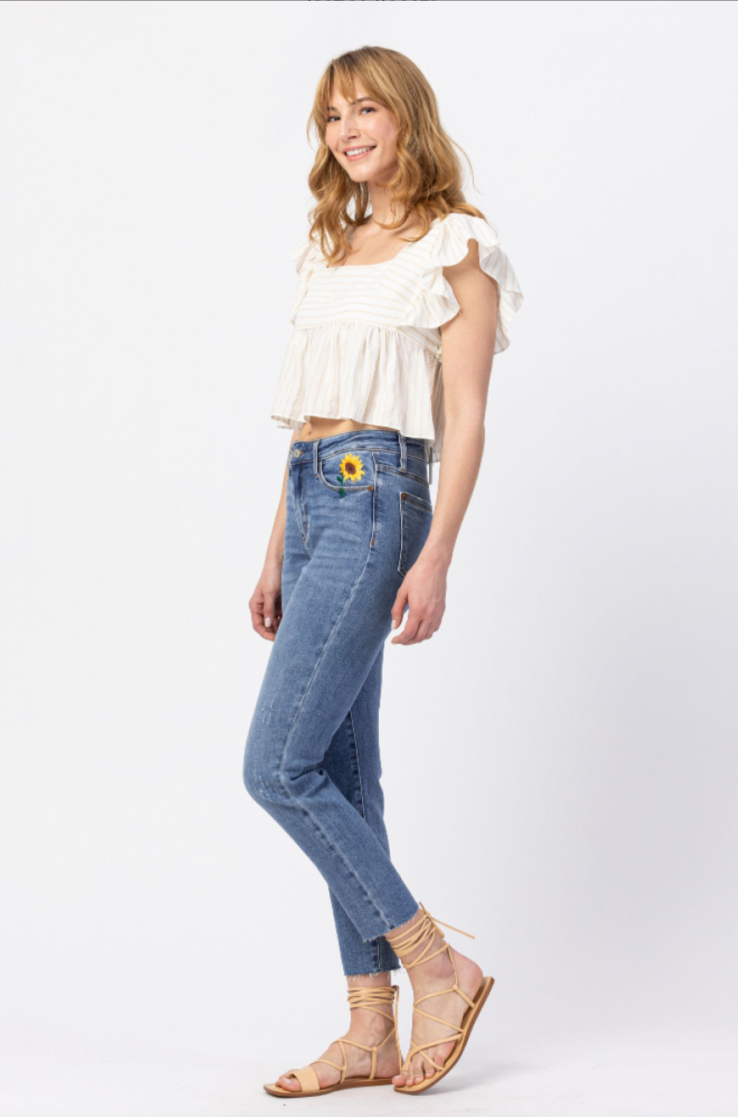 Judy Blue Sunflower Embroidered Girlfriend Jeans