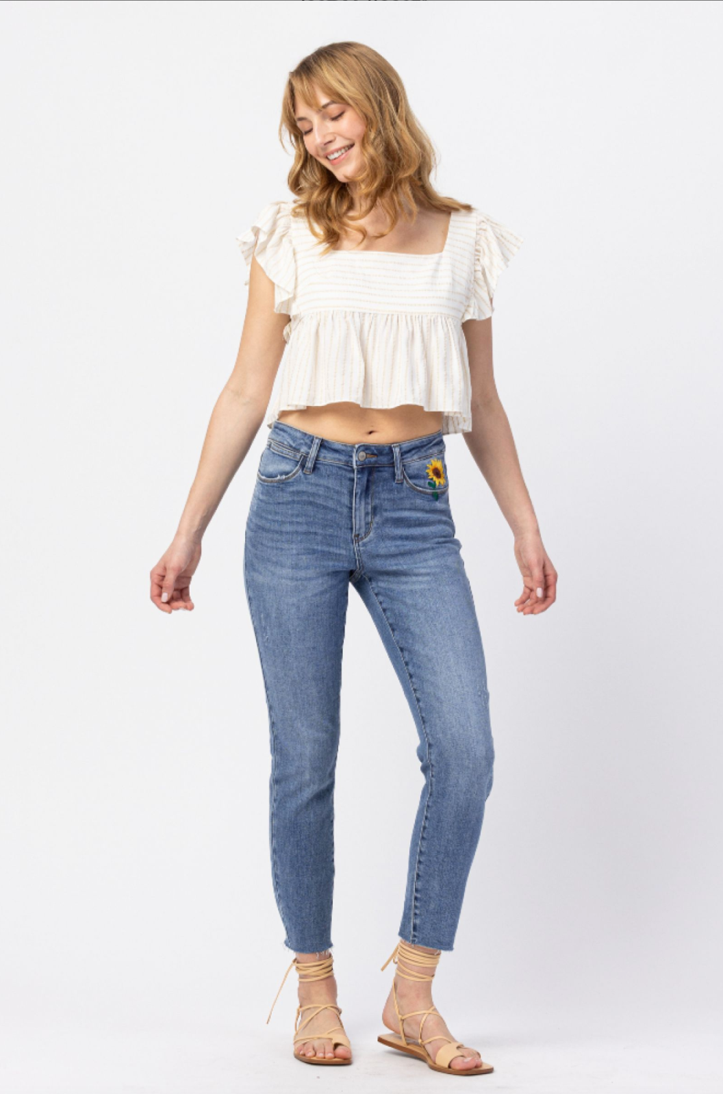 Judy Blue Sunflower Embroidered Girlfriend Jeans