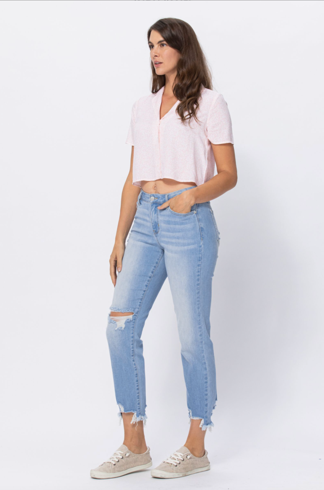 Judy Blue Light Wash Destroyed Hem Boyfriend Jeans