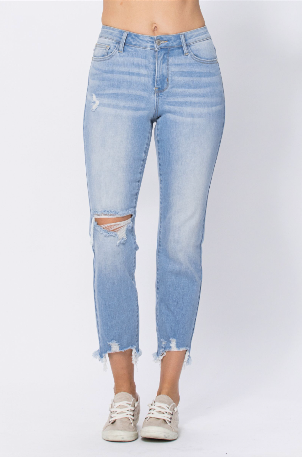 Judy Blue Light Wash Destroyed Hem Boyfriend Jeans
