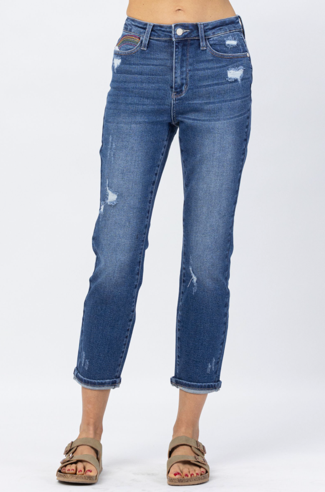 Judy Blue Rainbow Embroidered Girlfriend Jeans