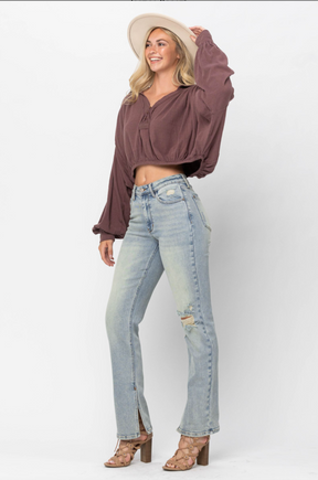 Judy Blue Destroyed Straight Fit Slit Hem Jeans