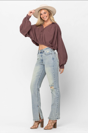 Judy Blue Destroyed Straight Fit Slit Hem Jeans