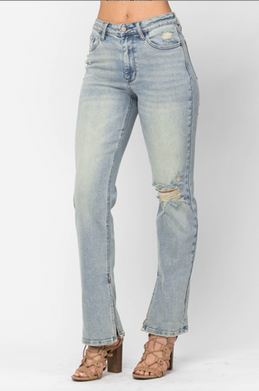 Judy Blue Destroyed Straight Fit Slit Hem Jeans