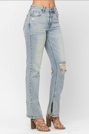 Judy Blue Destroyed Straight Fit Slit Hem Jeans