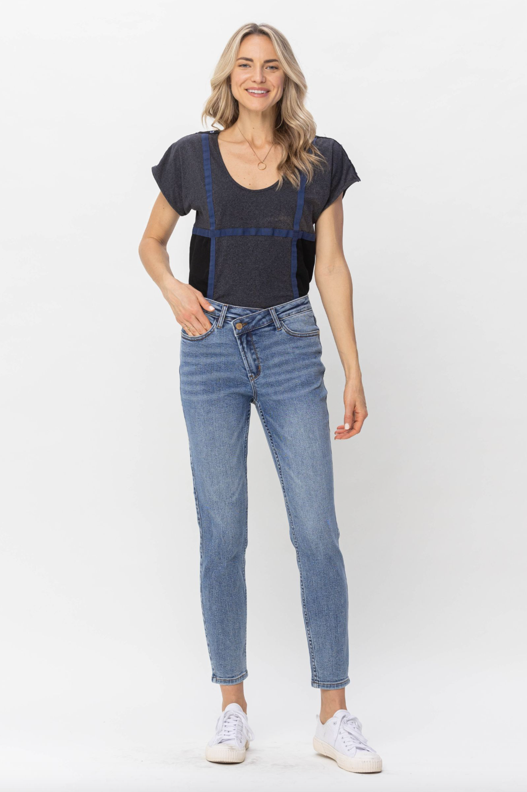 Judy Blue Cross Over Waistband Girlfriend Jeans