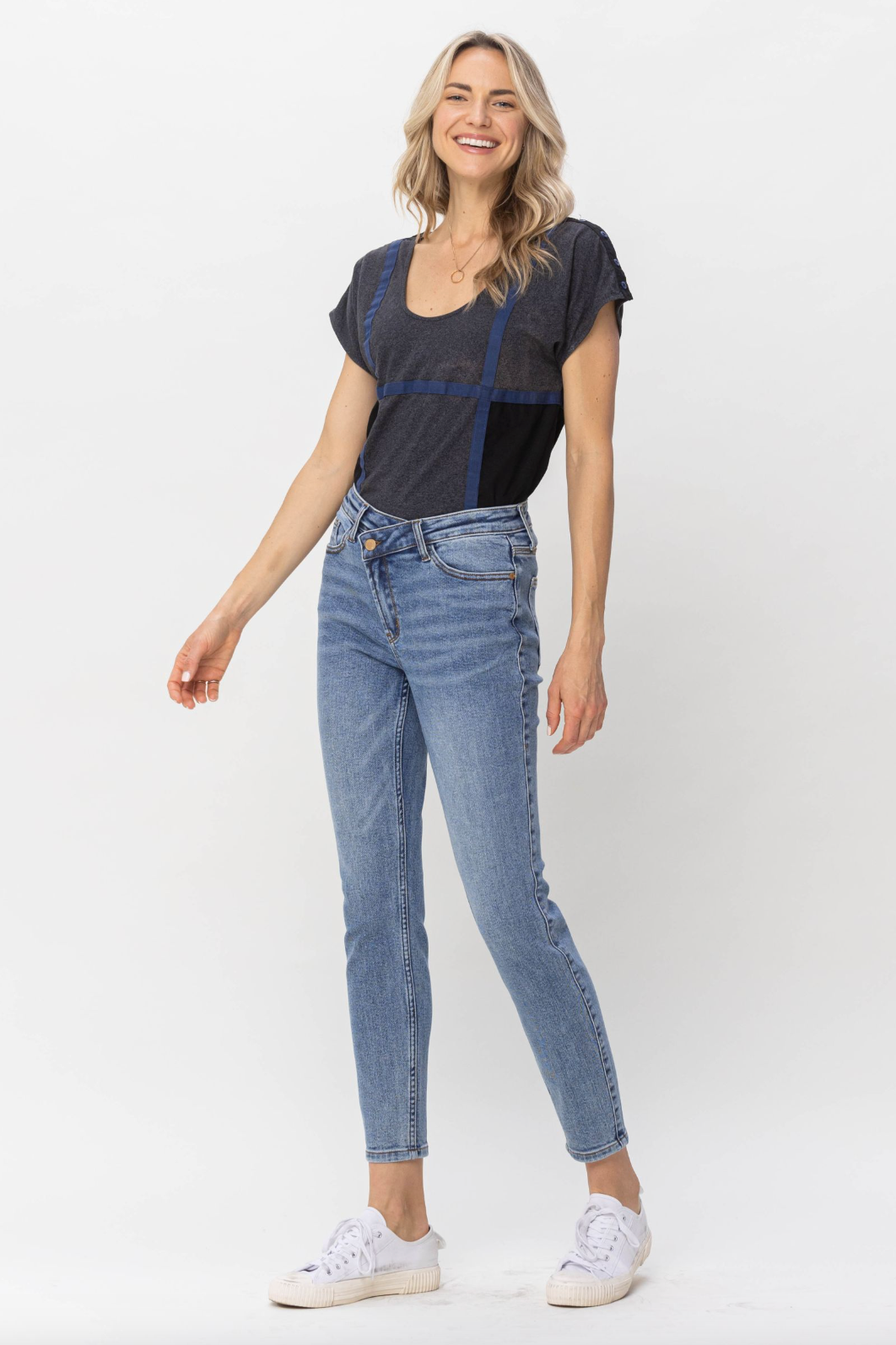 Judy Blue Cross Over Waistband Girlfriend Jeans