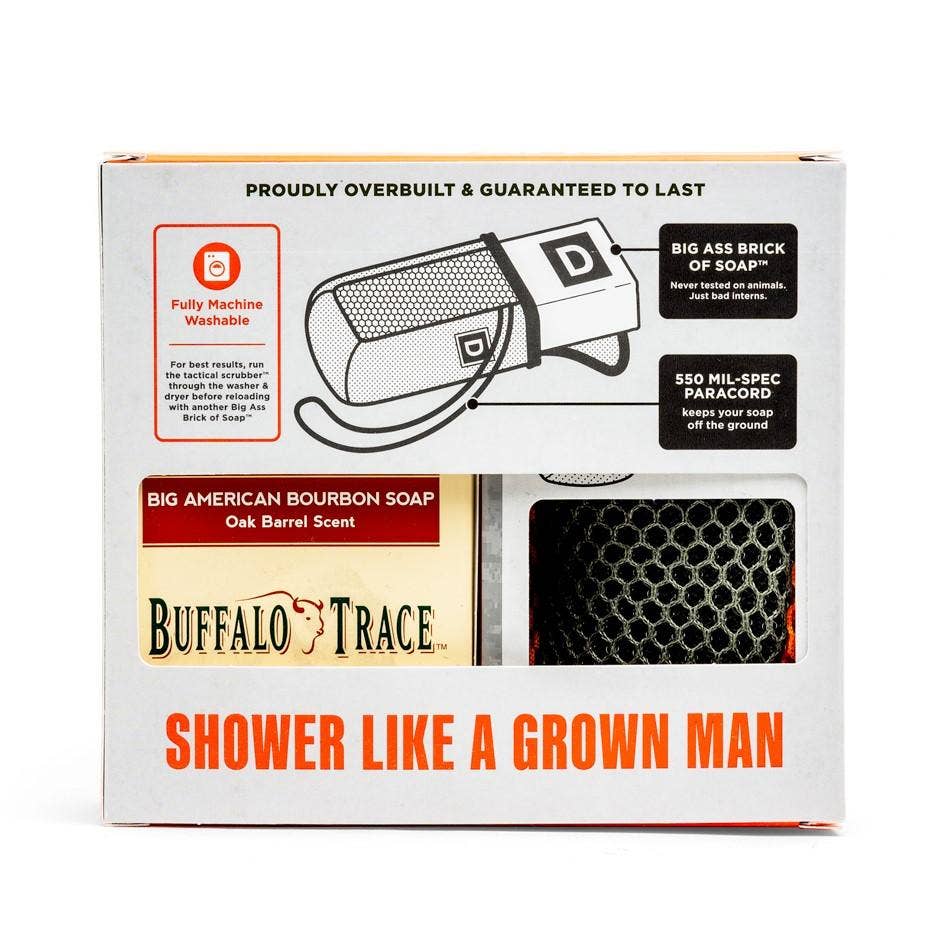 Proudly overbuilt and guaranteed to last
Fully machine washable. For best results, run the tactical scrubber through the washer and dryer before reloading another Big Ass Brick of Soap.
Big Ass Brick of Soap- never tested on animals, just bad interns.
550 MIL-spec paracord keeps your soap off the ground.
Buffalo Trace Big American Bourbon Soap oak barrel scent. Shower like a grown man.