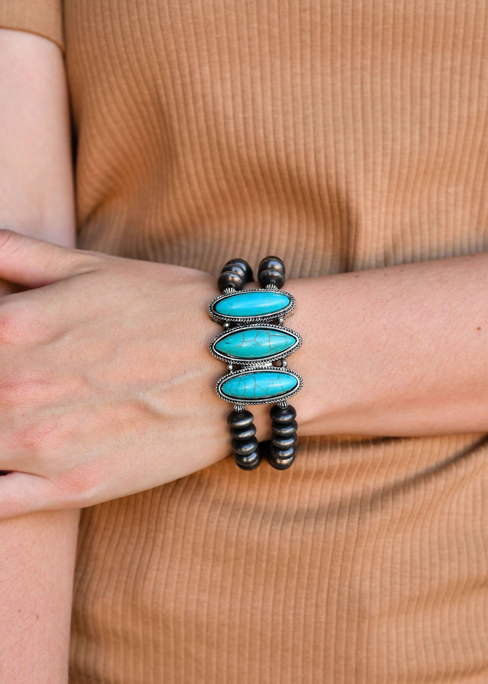 Turquoise Stone Double Strand Faux Navajo Stretch Bracelet