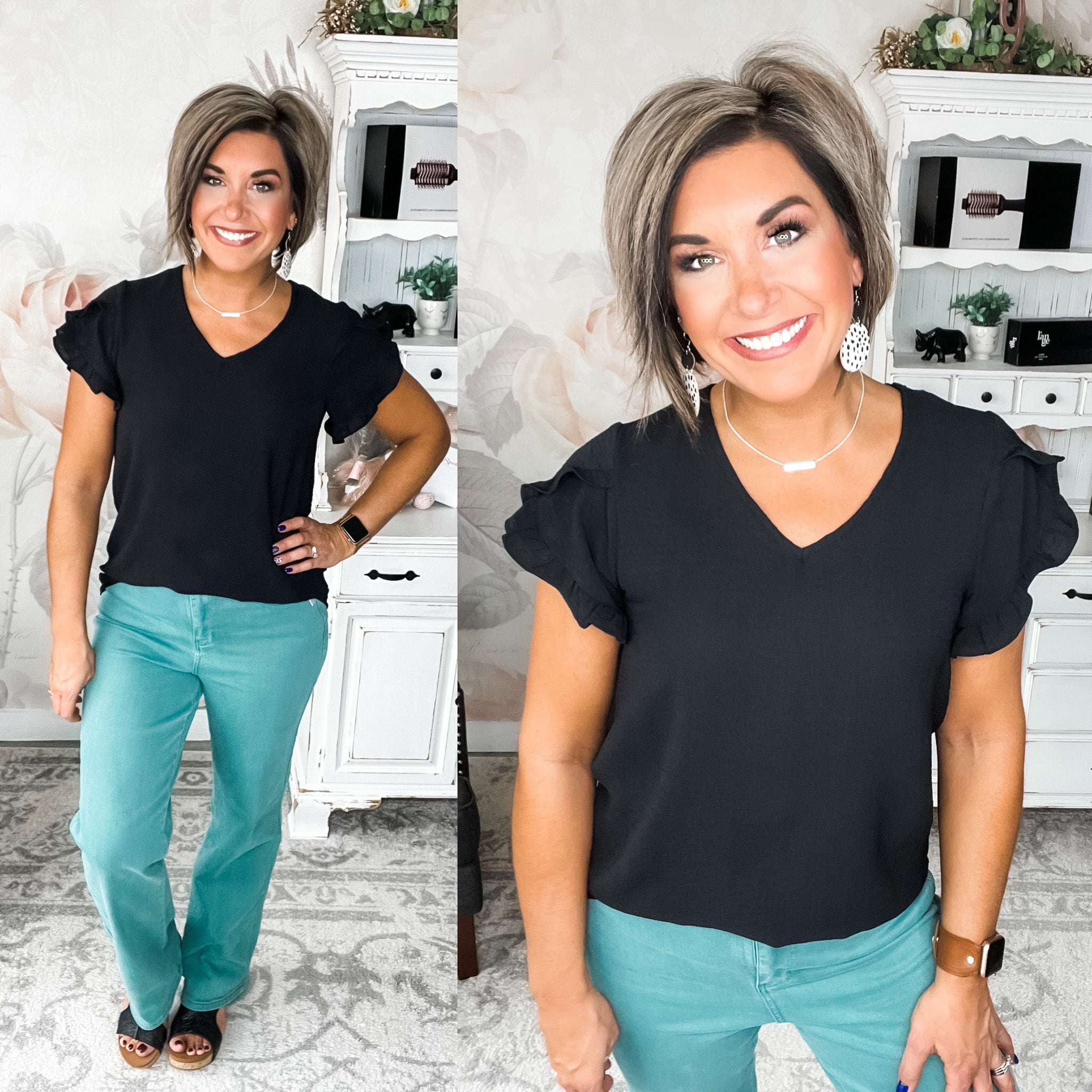 See It Clear Ruffle Slit Sleeve Top - Black