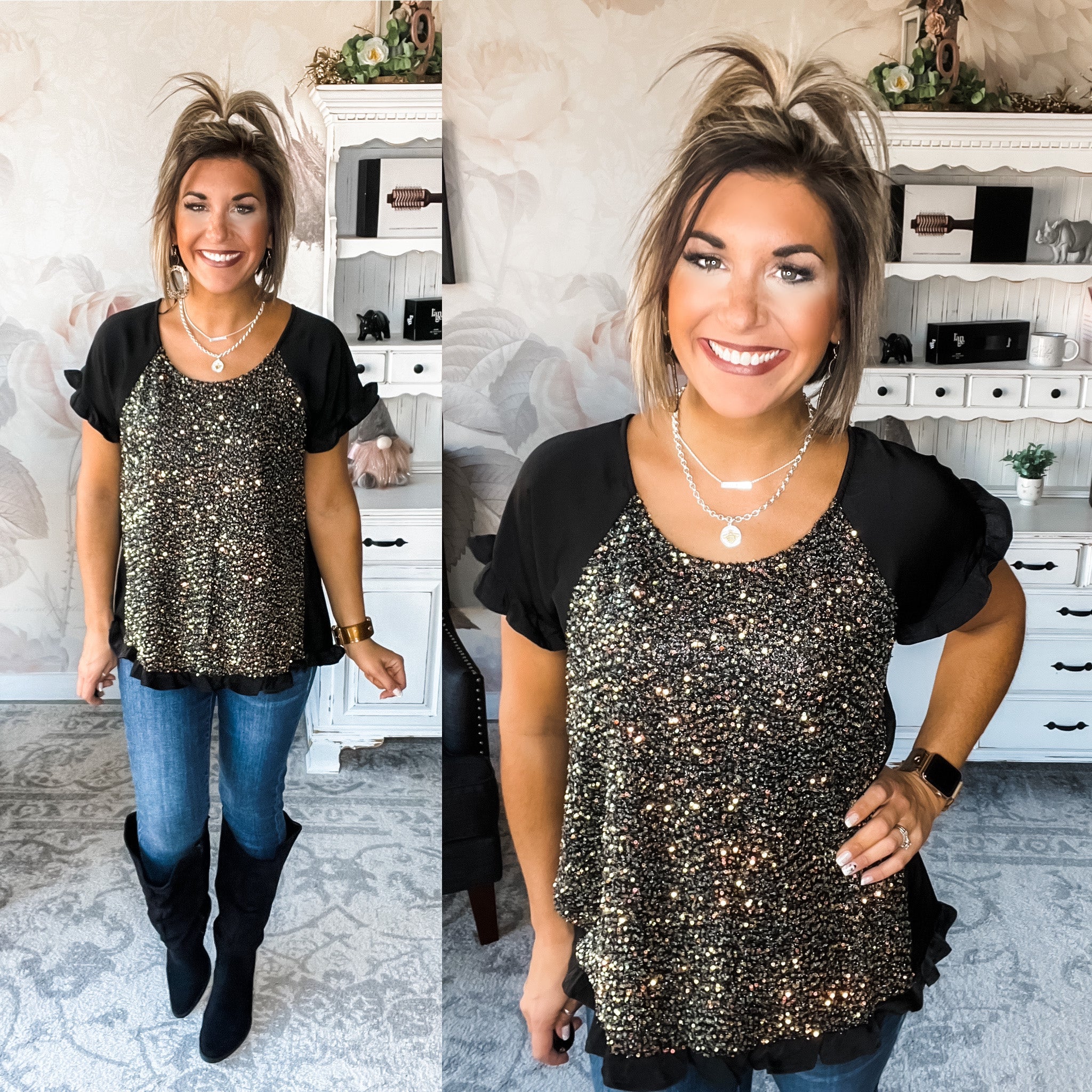 Please Don't Go Sequin Blouse - Black