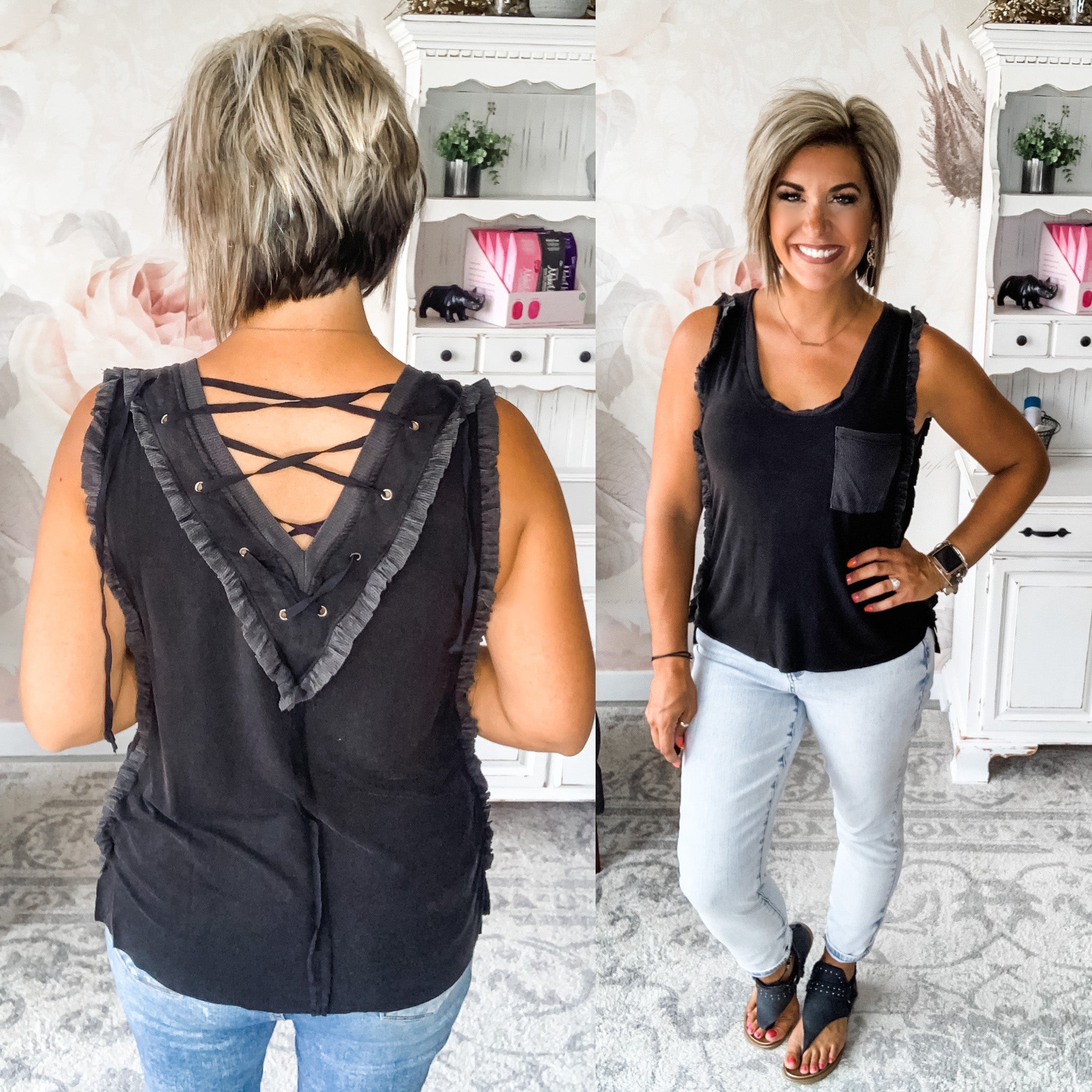 Never Before Lace-Up Back Tank - Black