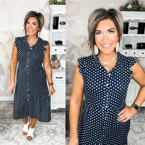 Lovely Afternoon Polka Dot Dress - Navy