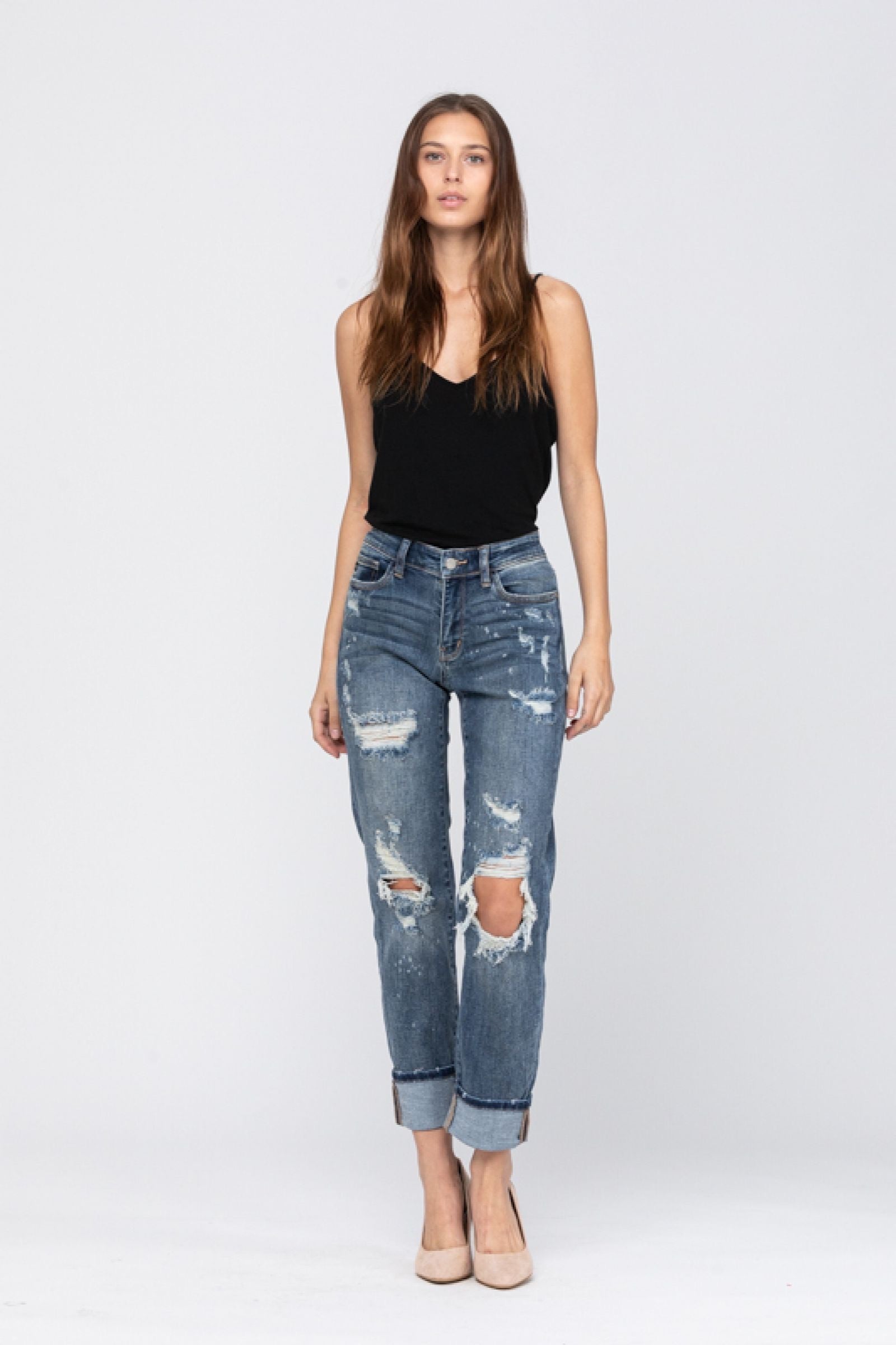 Judy Blue Bleach Splatter Boyfriend Jeans - Dark Wash