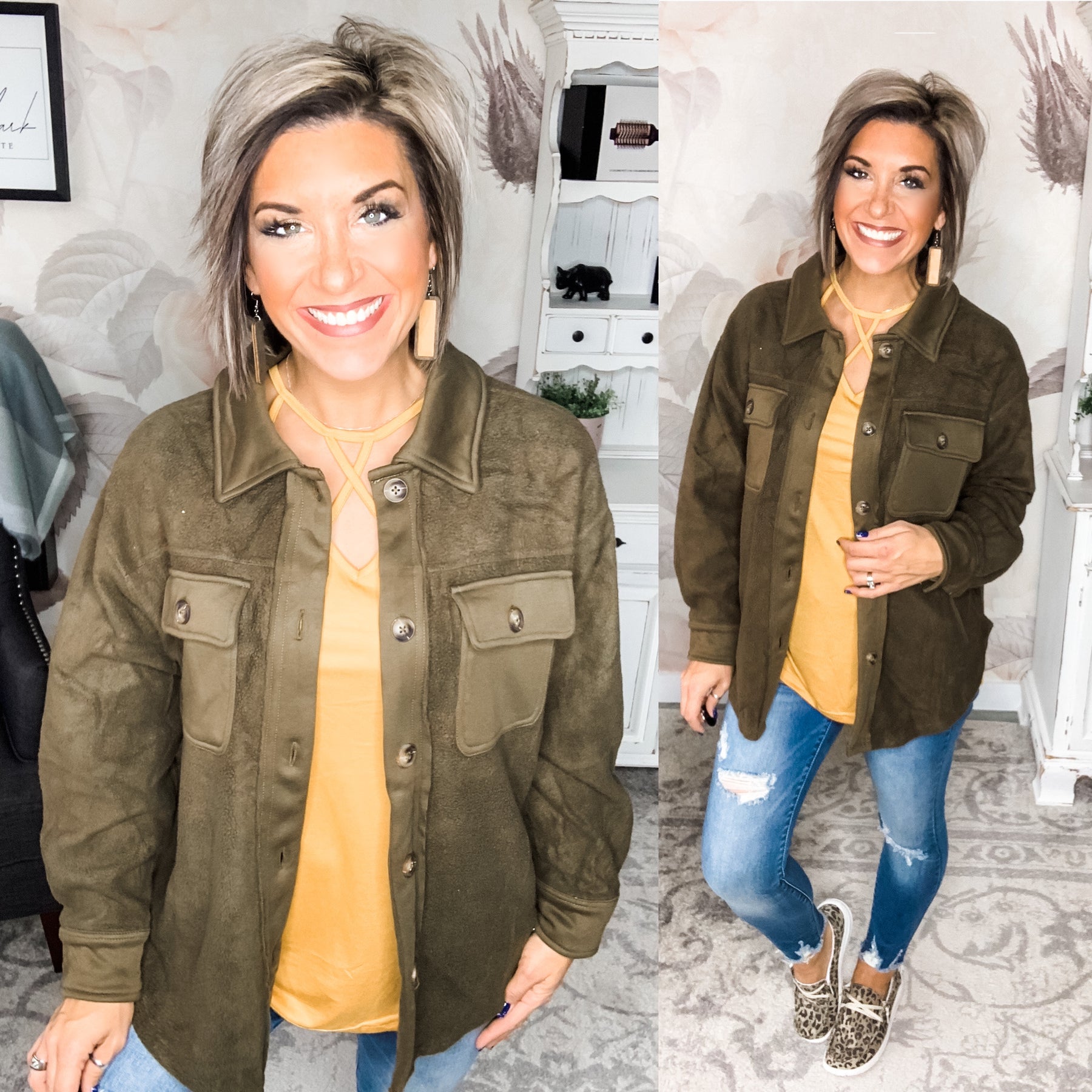 Morning Snuggles Button Down Shacket - Dark Olive