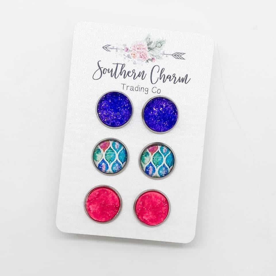 Purple & Pastel Abstract Triplet Earrings