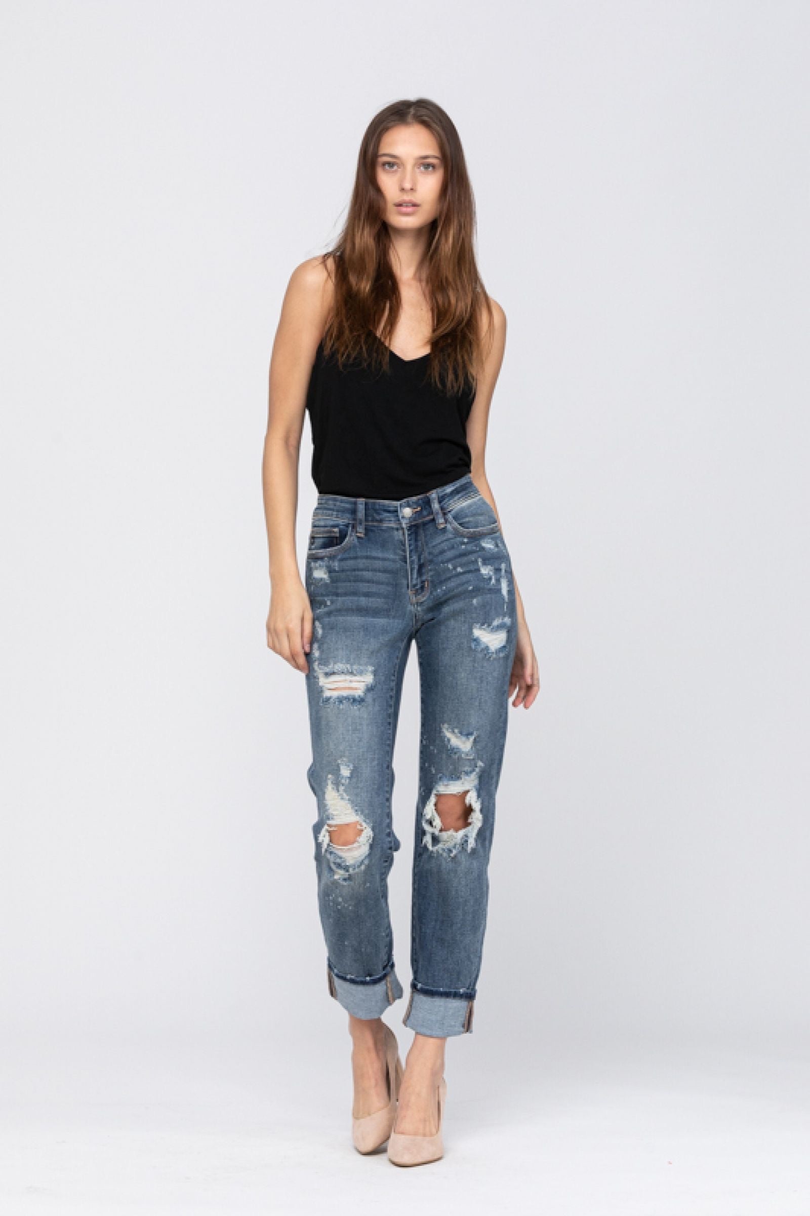 Judy Blue Bleach Splatter Boyfriend Jeans - Dark Wash