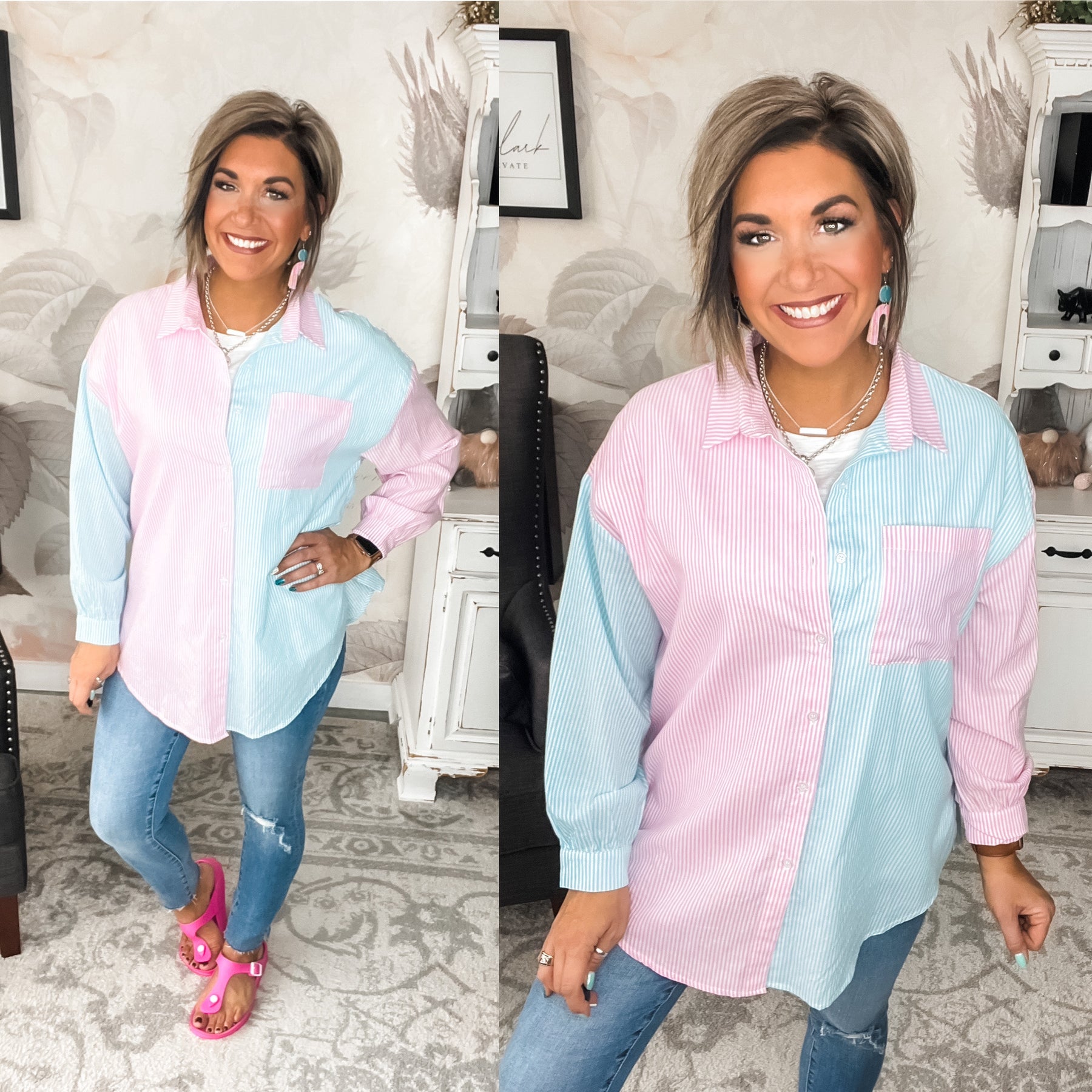 Living Our Best Button Down - Pink/Aqua