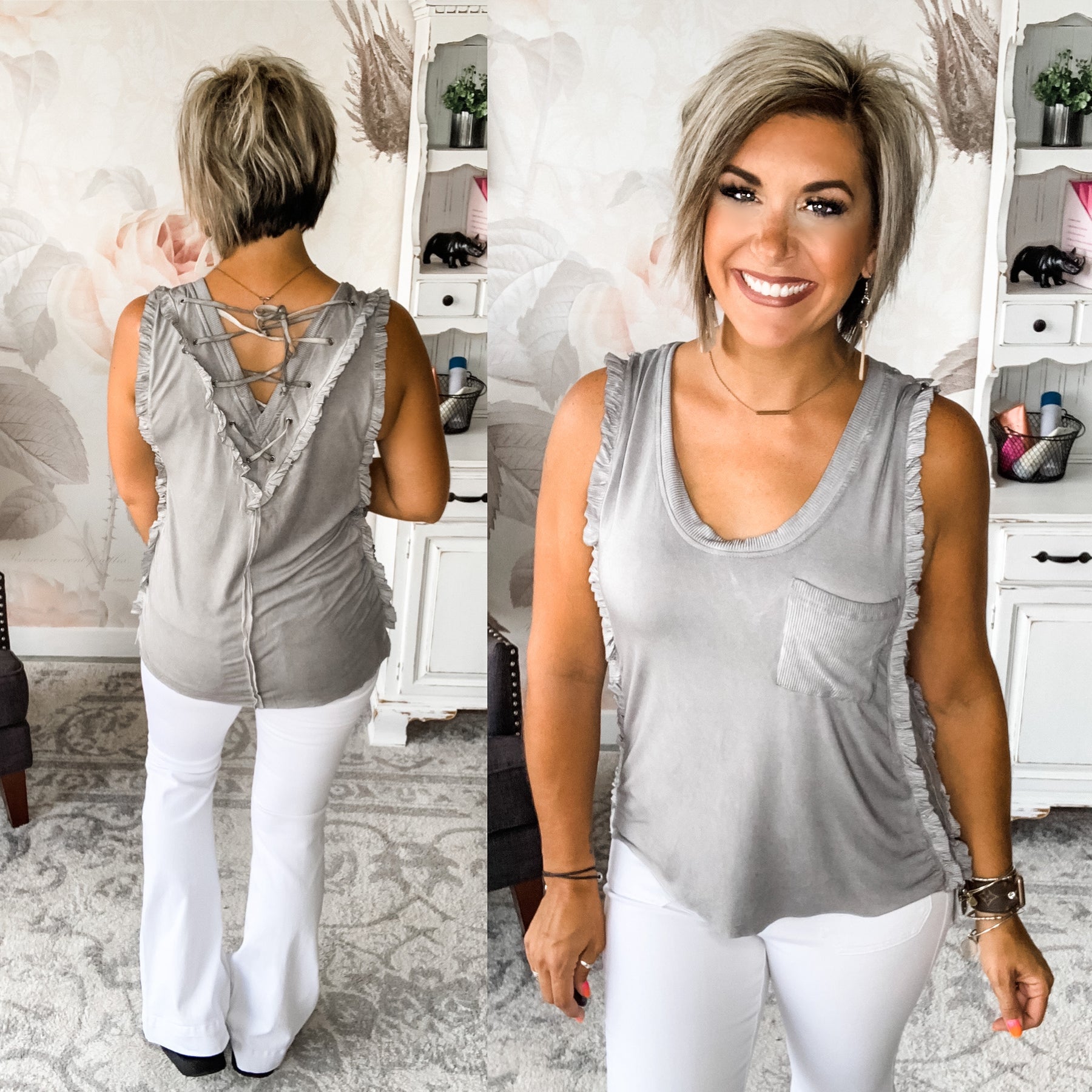 Never Before Lace-Up Back Tank - Grey